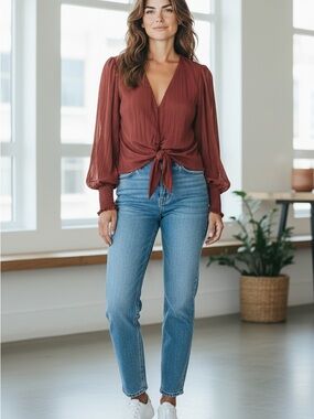Tie-Front V-Neck Blouse in Rust